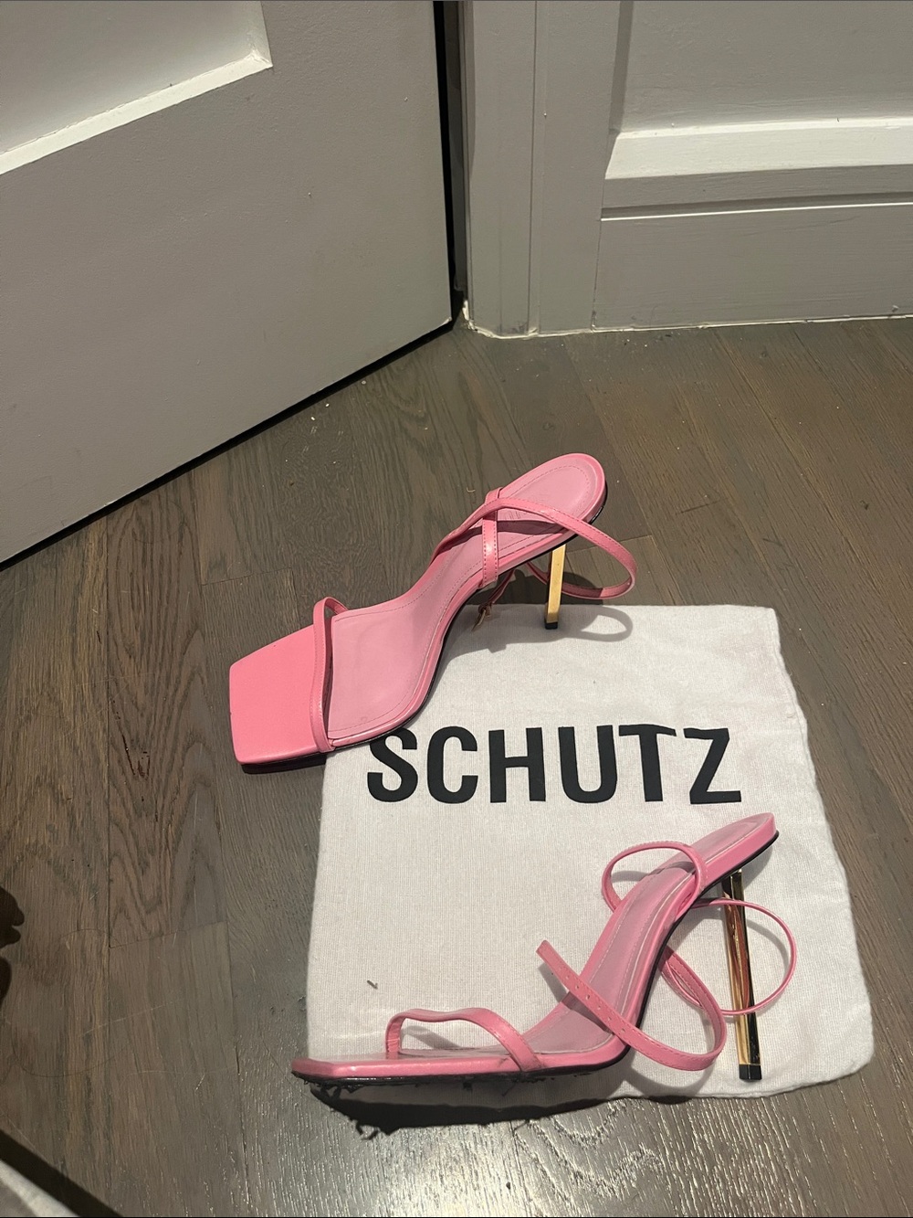 SCHUTZ Pink Strappy Square-Toe Stiletto Sandals